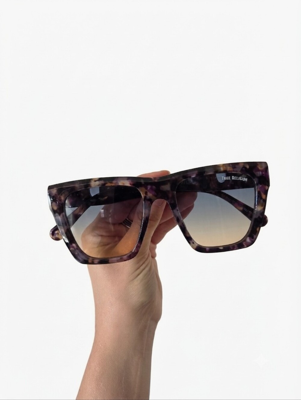 Women’s True Religion Oversized Square Sunglasses Purple Tortoise Gold Horseshoe